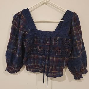 American Eagle Puffed Sleeves Crop Plaid Top | Size XS | Purple & Blue | NWOT